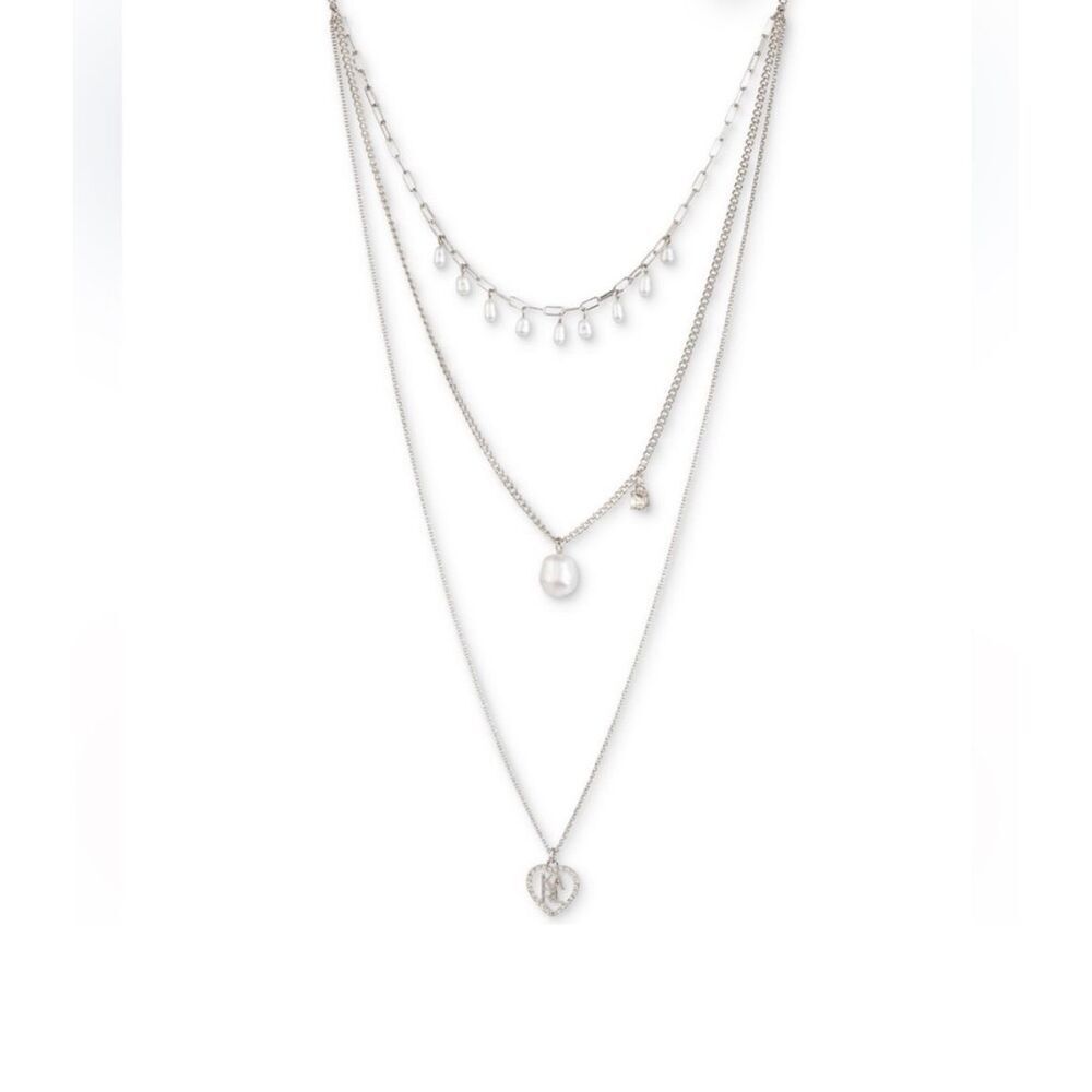 ✨Karl Lagerfeld Silver Tone Faux Pearl Crystal Paved Logo Heart Necklace✨